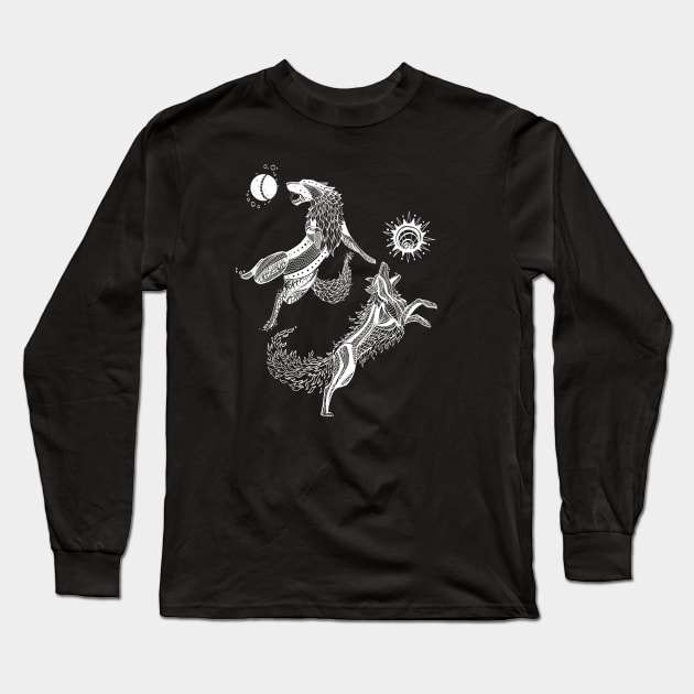 Hati and Sköll (white lineart) Long Sleeve T-Shirt by manicgremlin